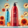 A high-quality hair care brand that nourishes hair and scalp with honey ingredients. The image features red and blue semi-transparent shampoo bottles with the brand logo. The background includes elements like honeycombs and flowers, highlighting the natural and nourishing aspects of the product.