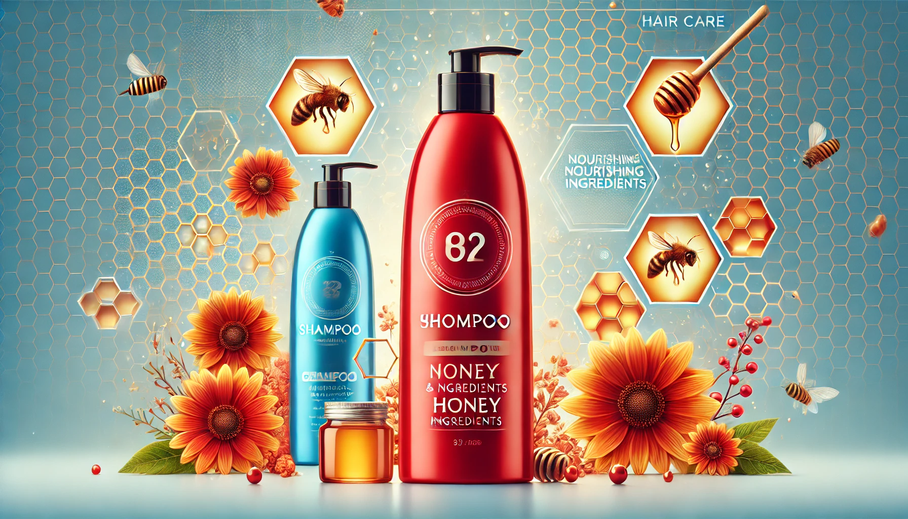 A high-quality hair care brand that nourishes hair and scalp with honey ingredients. The image features red and blue semi-transparent shampoo bottles with the brand logo. The background includes elements like honeycombs and flowers, highlighting the natural and nourishing aspects of the product.