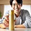 An image of a gold-colored bottle of air freshener on a clean table with a person smiling in the background, holding the bottle in their hand. The person is a happy Japanese adult in a casual setting, pleased with their purchase. The background is modern and clean, emphasizing a sense of satisfaction and joy.