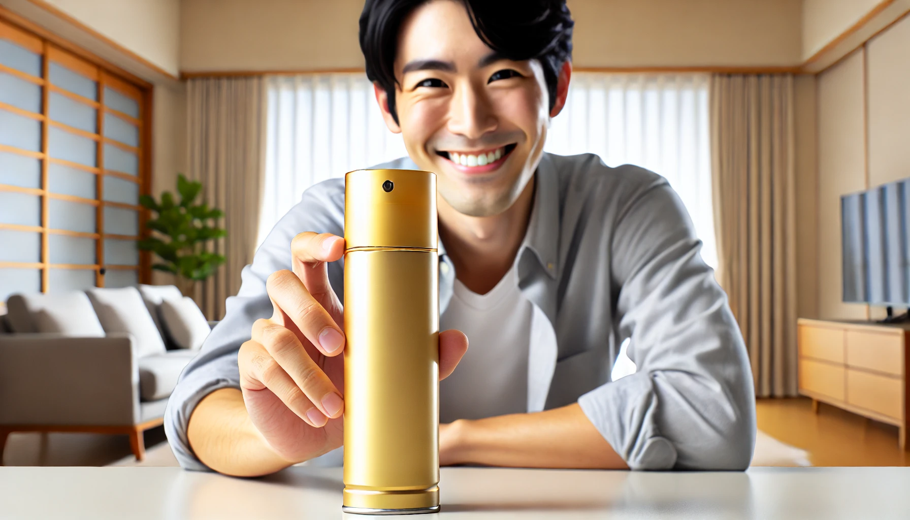 An image of a gold-colored bottle of air freshener on a clean table with a person smiling in the background, holding the bottle in their hand. The person is a happy Japanese adult in a casual setting, pleased with their purchase. The background is modern and clean, emphasizing a sense of satisfaction and joy.