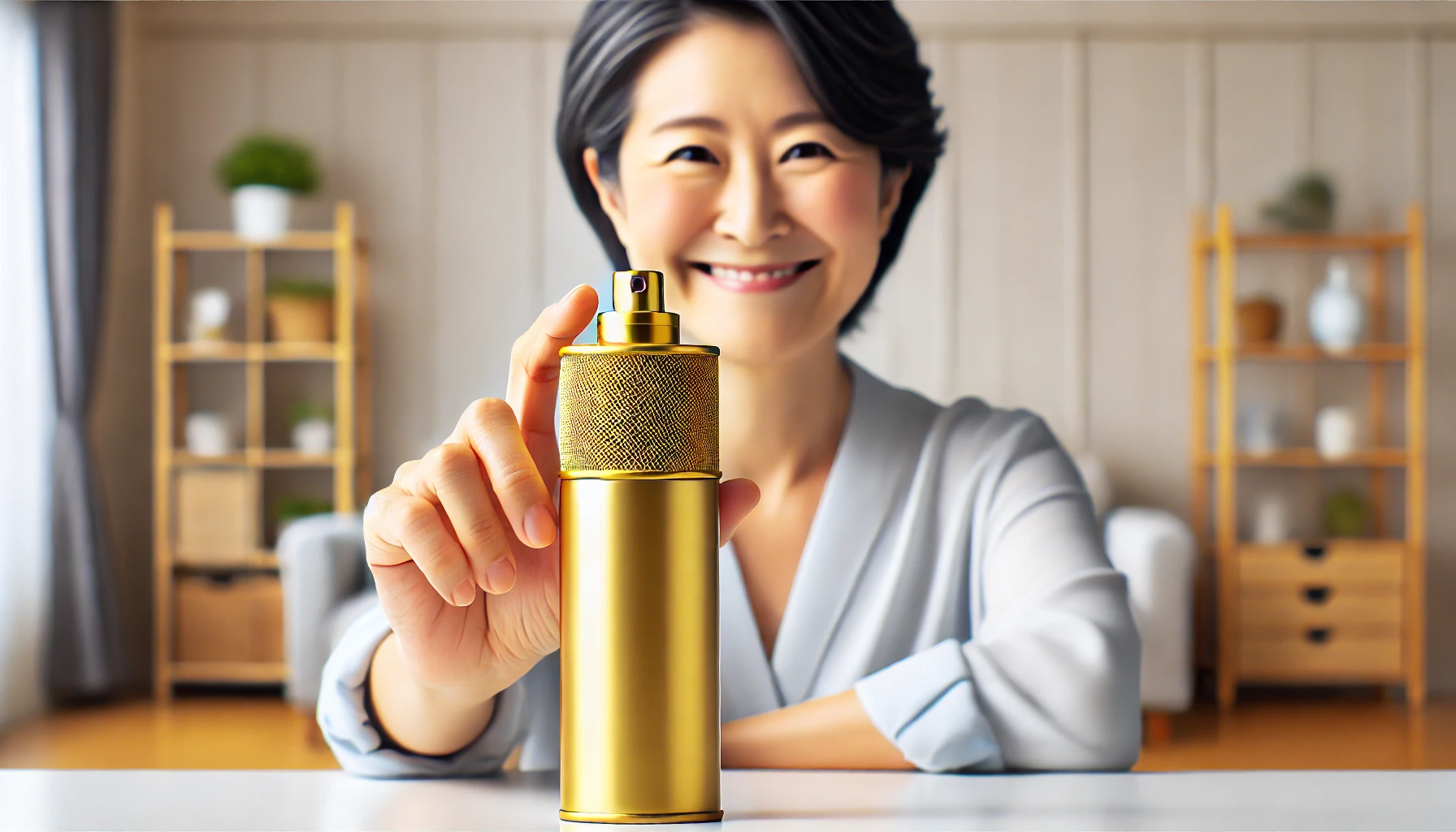 An image of a gold-colored bottle of air freshener prominently placed on a clean white table. In the background, a smiling Japanese adult in a modern, clean home setting holds the bottle up with visible satisfaction, enjoying the fresh scent. The atmosphere conveys a sense of accomplishment and joy after purchasing the product.