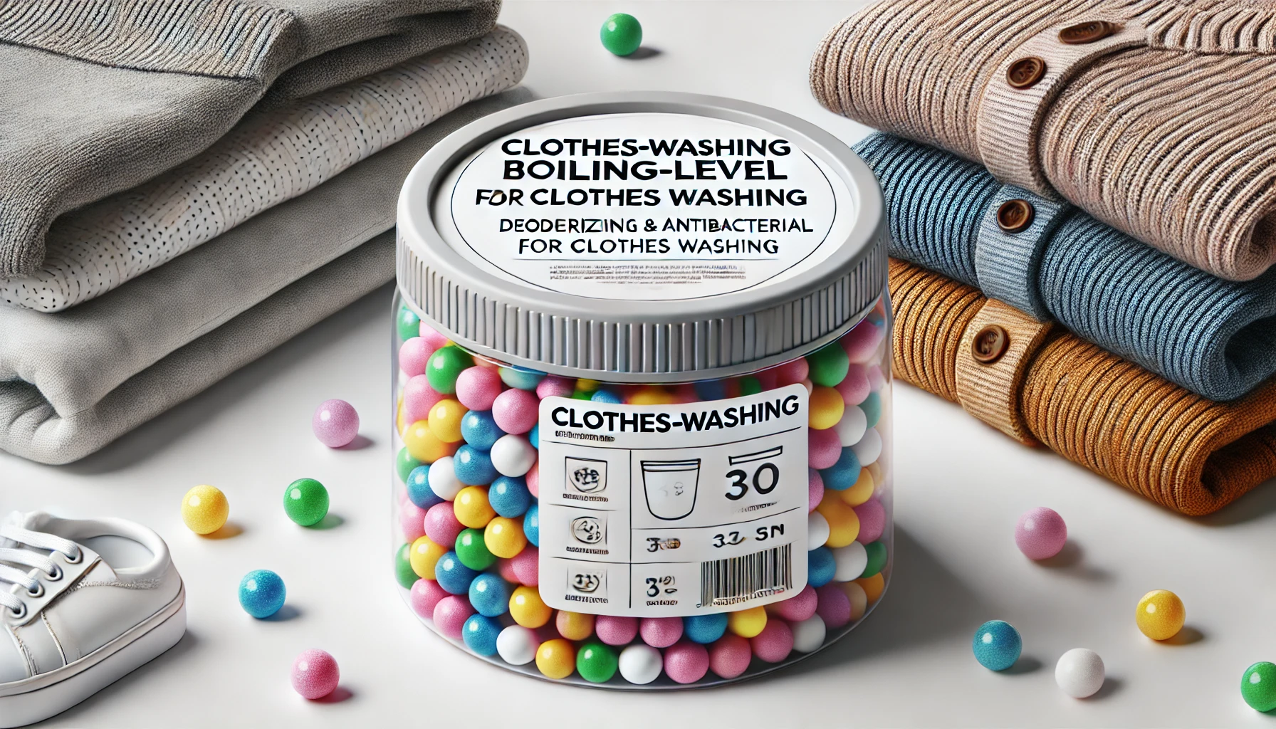 A detailed product image of clothes-washing boiling-level deodorizing and antibacterial beads, designed for laundry purposes. The product should be displayed in a clean, minimalistic setting, possibly next to folded clothes or laundry accessories. The beads should be in a clear container showing their vibrant colors and labeled clearly as deodorizing and antibacterial for clothes washing.