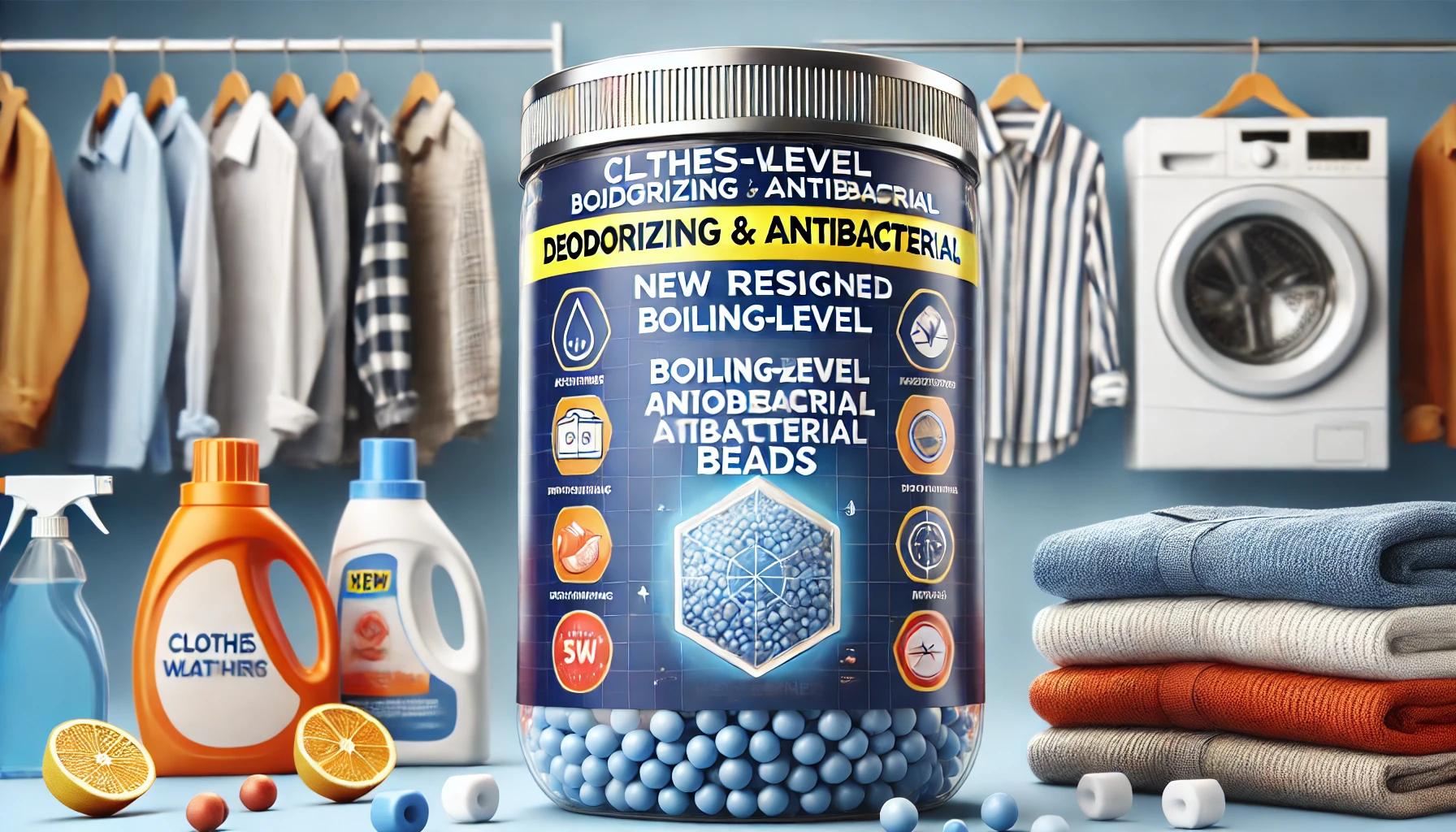 A detailed product image of a newly redesigned package of clothes-washing boiling-level deodorizing and antibacterial beads, presented in a vibrant and refreshed design. The packaging should look modern and sleek, with clearer text, branding, and improved design elements. The image can show the new container alongside some fresh, clean clothes, emphasizing the upgraded product for laundry purposes.