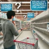 An image showing a common misunderstanding of the boiling-level deodorizing and antibacterial beads for laundry, where people mistakenly think the product is discontinued. The image should depict a confused shopper in a store looking for the product on an empty shelf, with signage or labels around suggesting the product is unavailable or unclear messaging. The focus should be on the shopper's confusion, and the lack of the product on the shelf.