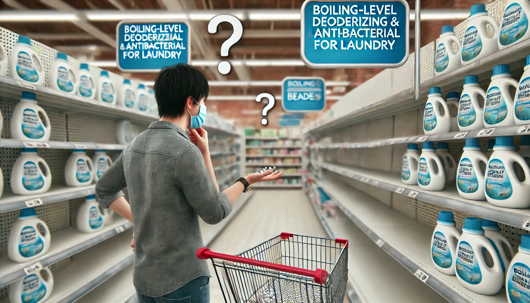 An image showing a common misunderstanding of the boiling-level deodorizing and antibacterial beads for laundry, where people mistakenly think the product is discontinued. The image should depict a confused shopper in a store looking for the product on an empty shelf, with signage or labels around suggesting the product is unavailable or unclear messaging. The focus should be on the shopper's confusion, and the lack of the product on the shelf.