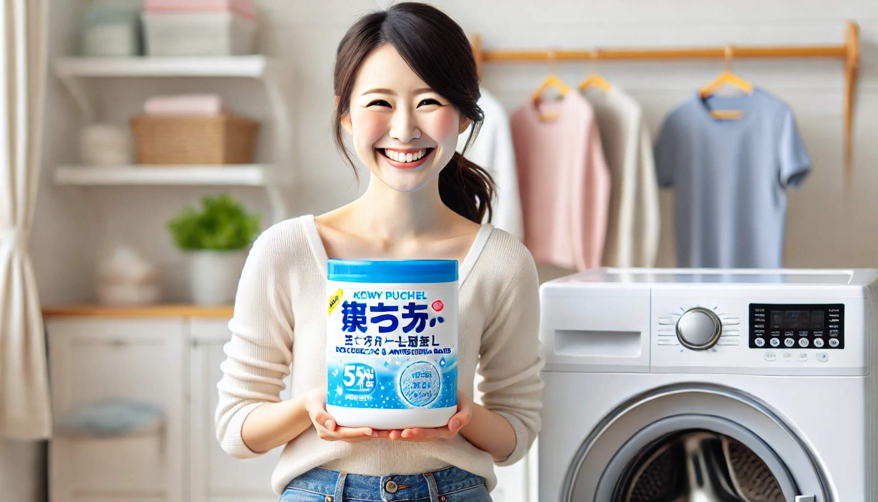 A joyful image showing a happy Japanese person holding a newly purchased container of clothes-washing boiling-level deodorizing and antibacterial beads. The person is smiling and standing near a washing machine, with clean clothes in the background. The focus is on their happiness at getting the product, and the setting should be bright and clean, suggesting a fresh and hygienic environment.