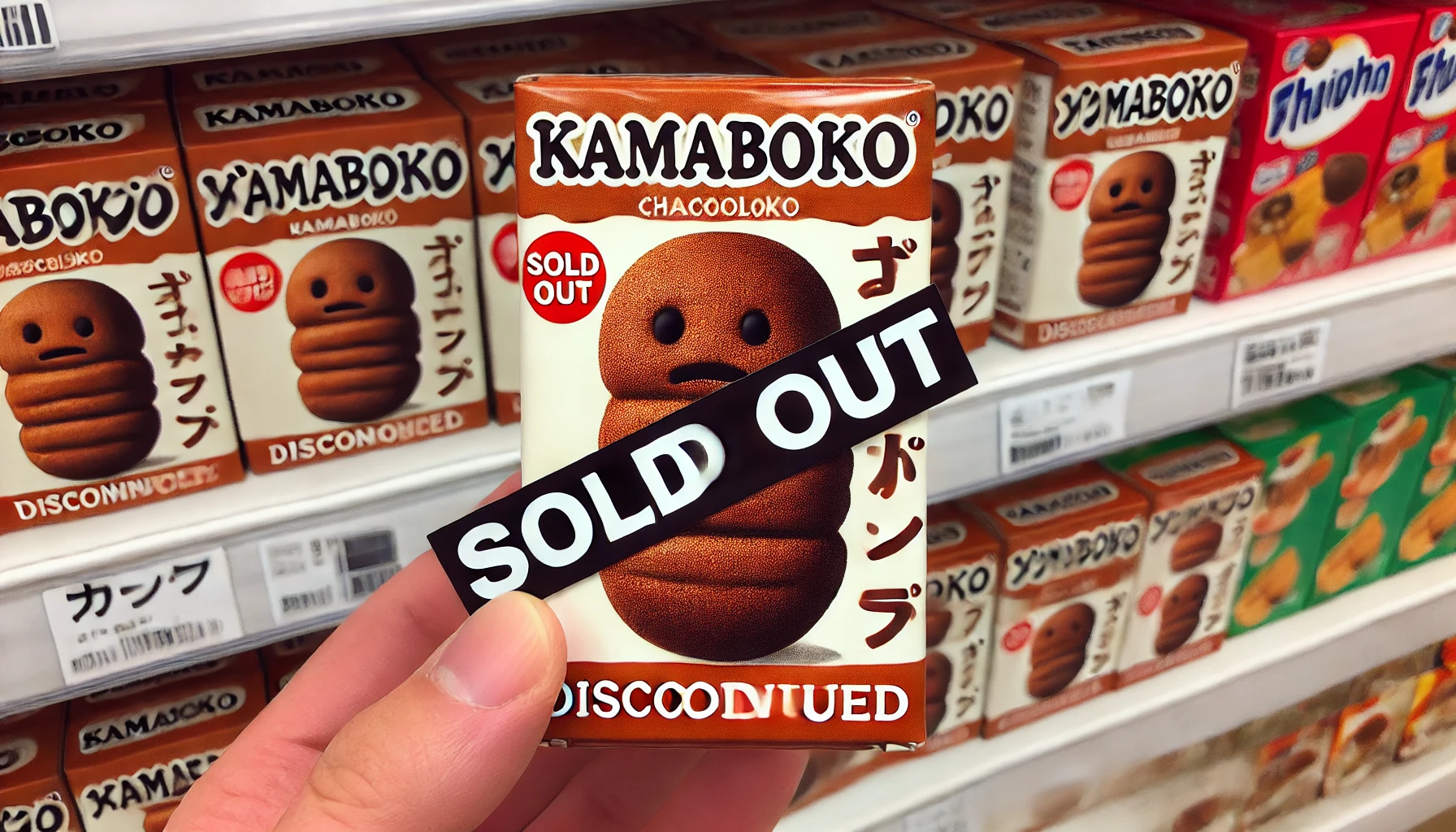 3. A small chocolate snack shaped like a 'kamaboko' with a baked, firm outer layer. A large 'sold out' or 'discontinued' sign is placed next to the snack in a store shelf, emphasizing the confusion of it being discontinued.