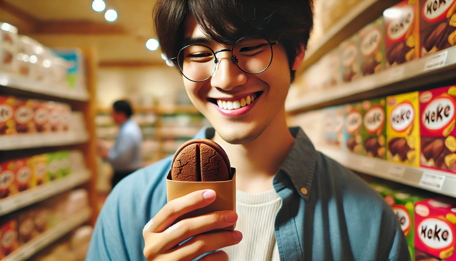 4. A person, likely Japanese, smiling and holding a small chocolate snack shaped like a 'kamaboko' with a baked, firm outer layer, showing happiness after purchasing the product in a store. Soft lighting emphasizes the joyful moment.