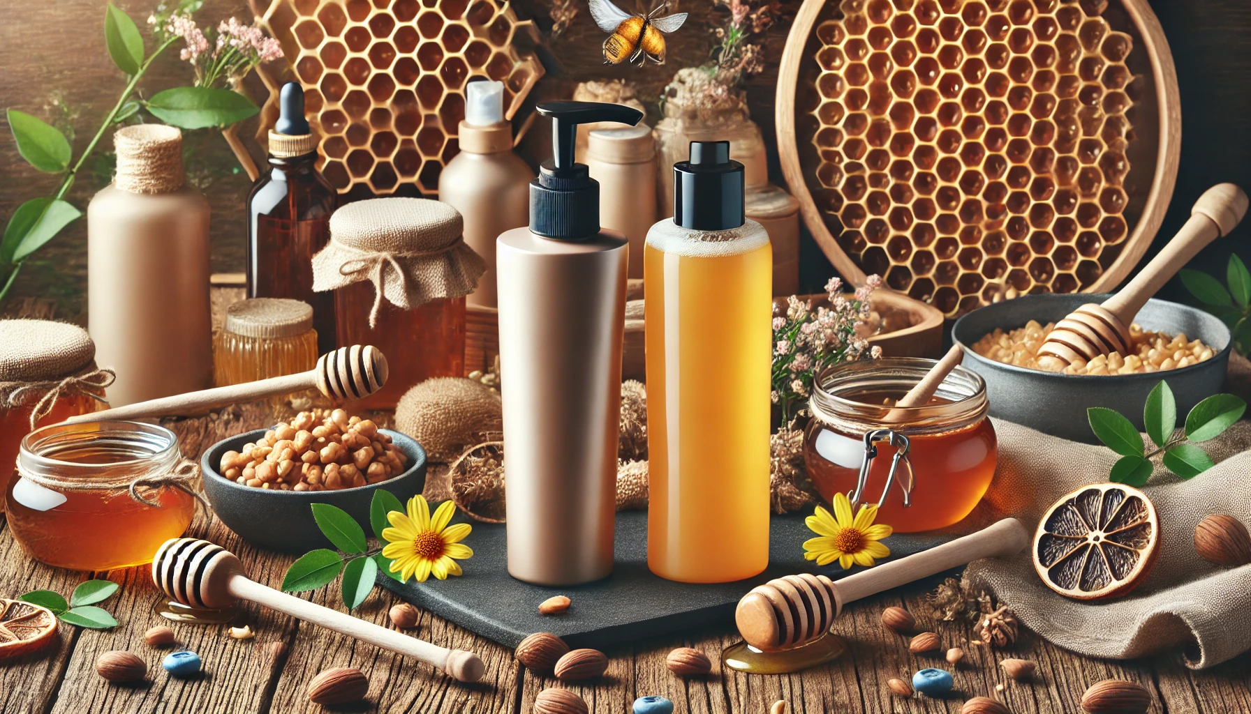 A high-quality hair care brand that nourishes hair and scalp with honey ingredients. The scene should be visually appealing, showcasing the brand's dedication to hair health and natural ingredients, with bottles and natural elements like honeycombs and flowers in the background.