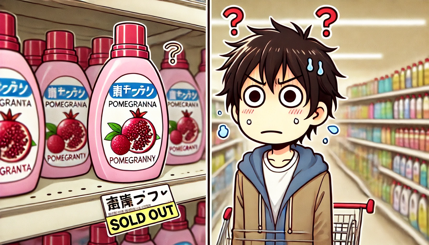 A misunderstanding scene where a Japanese shopper looks puzzled in front of a shelf with a softener bottle with pomegranate scent. The label says '販売終了' (sold out), but there's another softener nearby with a 'リニューアル' (renewal) tag. The background is a typical Japanese supermarket.