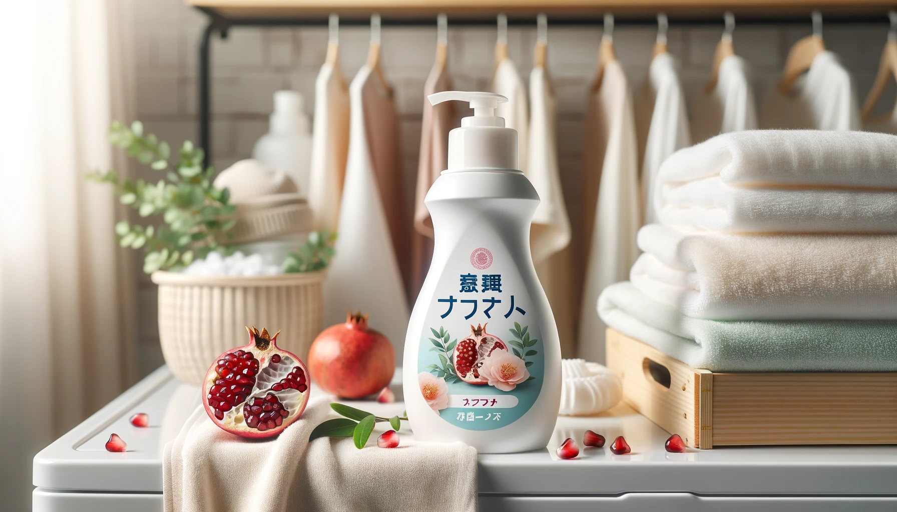 A fresh display of a Japanese softener bottle with a pomegranate scent, labeled 'リニューアル,' sitting on a laundry shelf. The background includes soft towels and a few pomegranates, creating a clean and inviting ambiance. Japanese branding is visible on the bottle. This is set in a home laundry room.