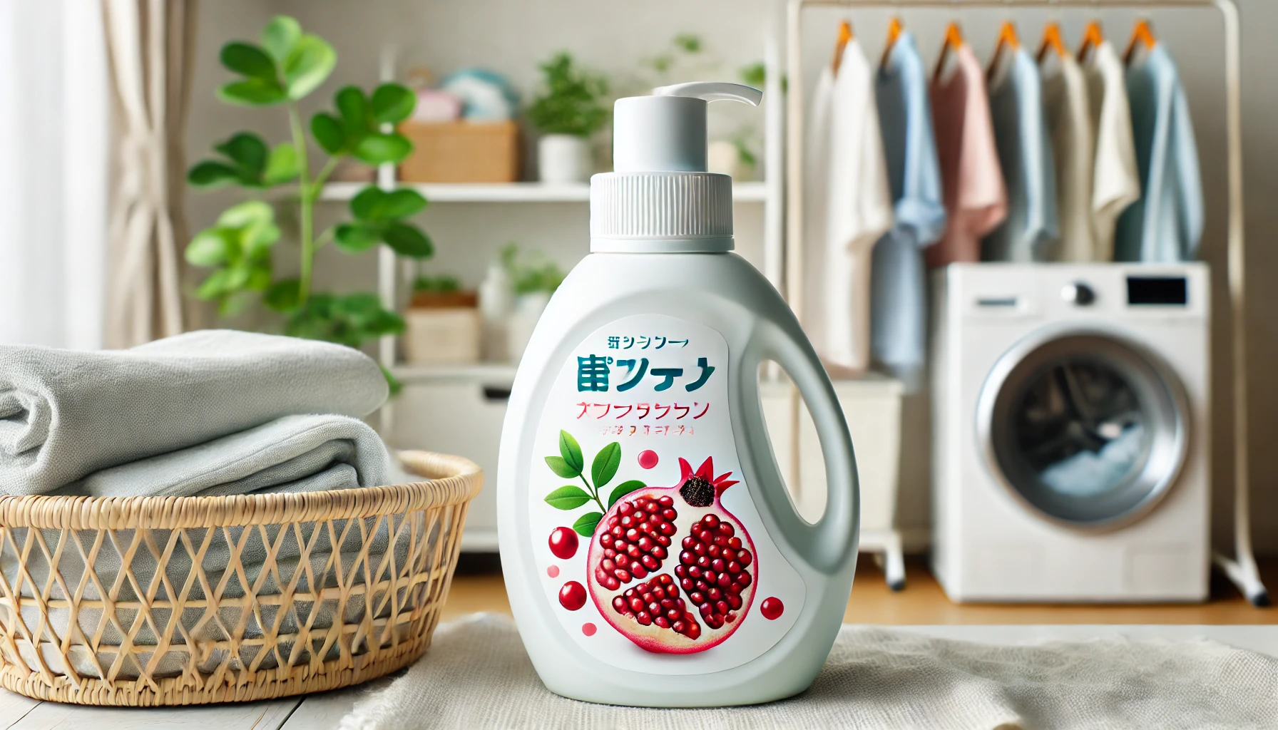 A close-up of a popular Japanese softener bottle featuring a prominent pomegranate (ザクロ) scent, set against a clean, modern background with some laundry and a fresh, natural atmosphere, like a home laundry room. This is a highly appealing and trendy product in Japan.