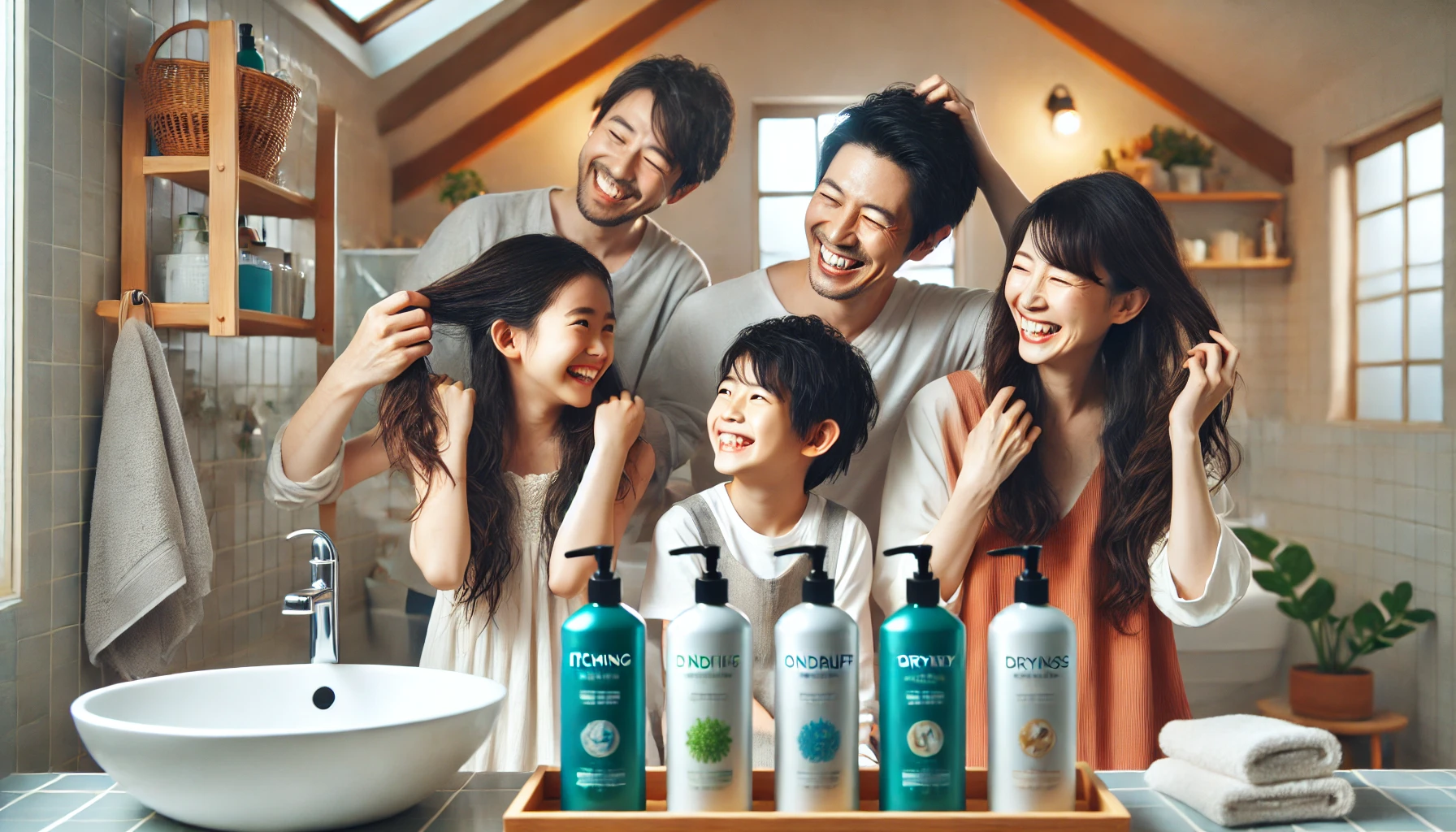 A joyful Japanese family in their home bathroom, with parents and children happily showing off their hair after using different shampoos. The bathroom setting is modern and inviting, with a shelf displaying five shampoo bottles, each addressing specific scalp concerns like itching, dandruff, odor, dryness, and oiliness. The family is smiling and bonding over their healthy, shiny hair. The lighting is soft, creating a warm and comforting atmosphere.