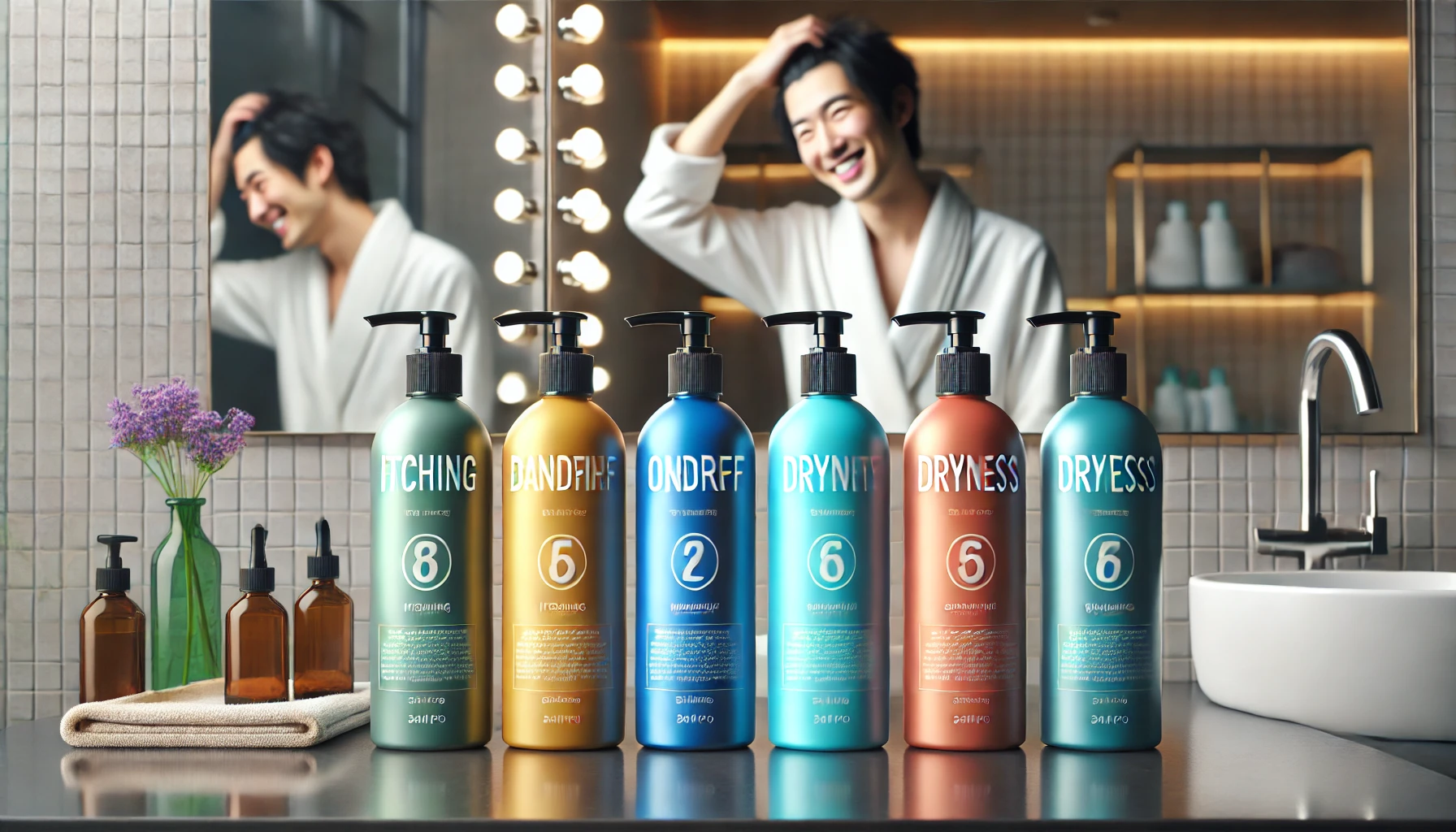 A close-up of five colorful shampoo bottles displayed on a sleek, modern bathroom counter. Each bottle is labeled to address different scalp concerns: itching, dandruff, odor, dryness, and oiliness. In the background, a Japanese man is happily checking his scalp in the mirror, smiling with satisfaction after using one of the shampoos. The setting is clean, minimalistic, and the lighting is bright and inviting.