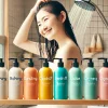 A modern bathroom shelf displaying a range of colorful shampoo bottles labeled for scalp concerns like itching, dandruff, odor, dryness, and oiliness. In this image, a smiling Japanese woman is gently washing her hair in the background, enjoying a refreshing shower experience. The setting is clean, minimalistic, and bright, with a serene atmosphere. The bottles are neatly organized, with soft light highlighting their packaging.