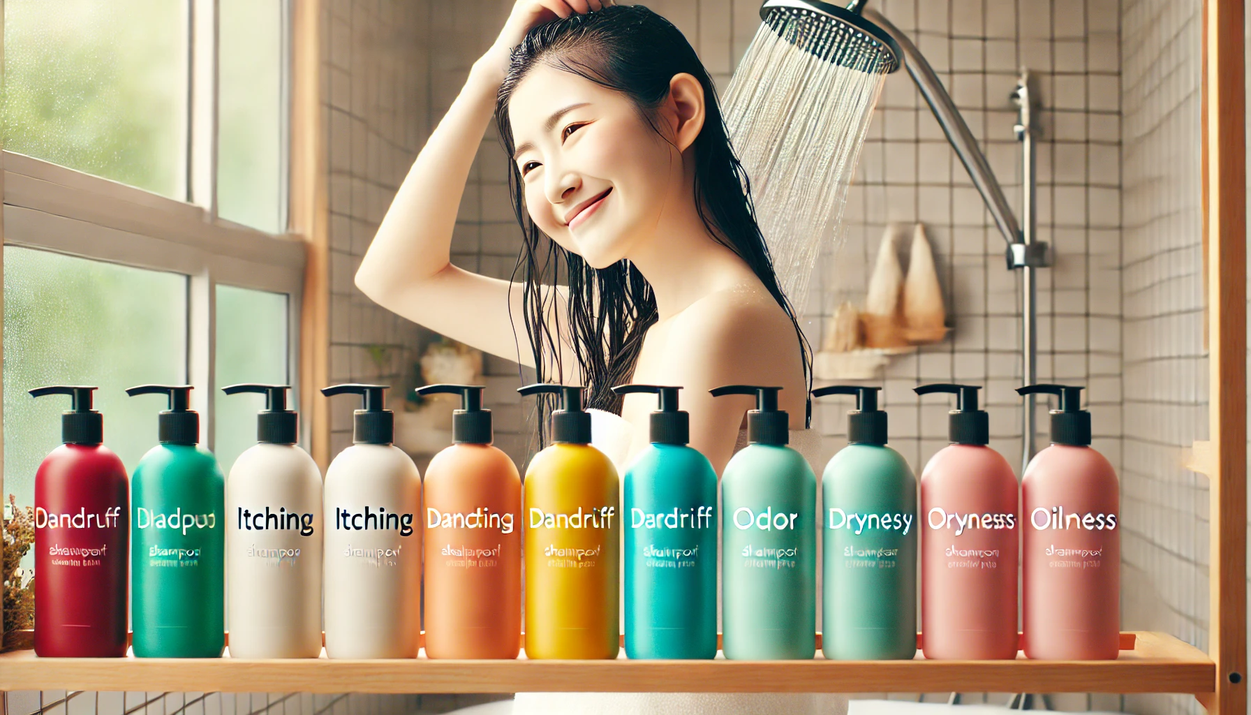 A modern bathroom shelf displaying a range of colorful shampoo bottles labeled for scalp concerns like itching, dandruff, odor, dryness, and oiliness. In this image, a smiling Japanese woman is gently washing her hair in the background, enjoying a refreshing shower experience. The setting is clean, minimalistic, and bright, with a serene atmosphere. The bottles are neatly organized, with soft light highlighting their packaging.