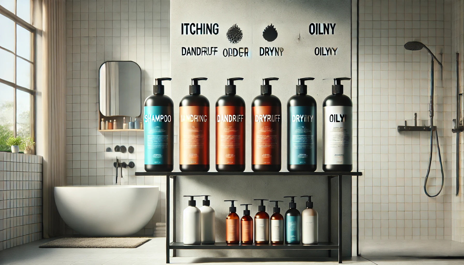 A visual of a sleek bathroom shelf with five bottles of shampoo labeled for scalp concerns: itching, dandruff, odor, dryness, and oiliness. The bottles are neatly arranged, each in different colors and packaging styles to represent various shampoo formulas. The setting is clean and modern, with a focus on wellness and personal care. The background is minimalistic, with a soft light emphasizing the products. No people are in the image.