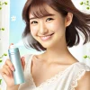 A joyful scene featuring a young Japanese person looking refreshed and happy after using a deodorant can spray. The person is standing in a bright, breezy outdoor setting, smiling confidently with a slight breeze blowing their hair. The background includes soft floral elements and fresh air, symbolizing the refreshing and odor-neutralizing effects of the deodorant can spray.