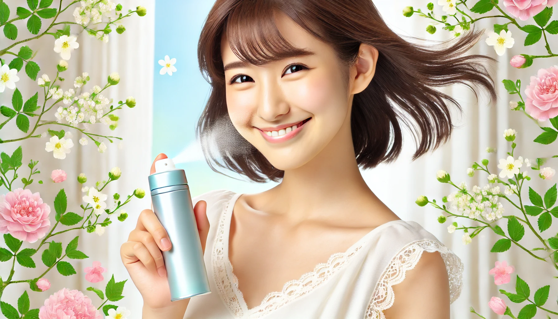 A joyful scene featuring a young Japanese person looking refreshed and happy after using a deodorant can spray. The person is standing in a bright, breezy outdoor setting, smiling confidently with a slight breeze blowing their hair. The background includes soft floral elements and fresh air, symbolizing the refreshing and odor-neutralizing effects of the deodorant can spray.