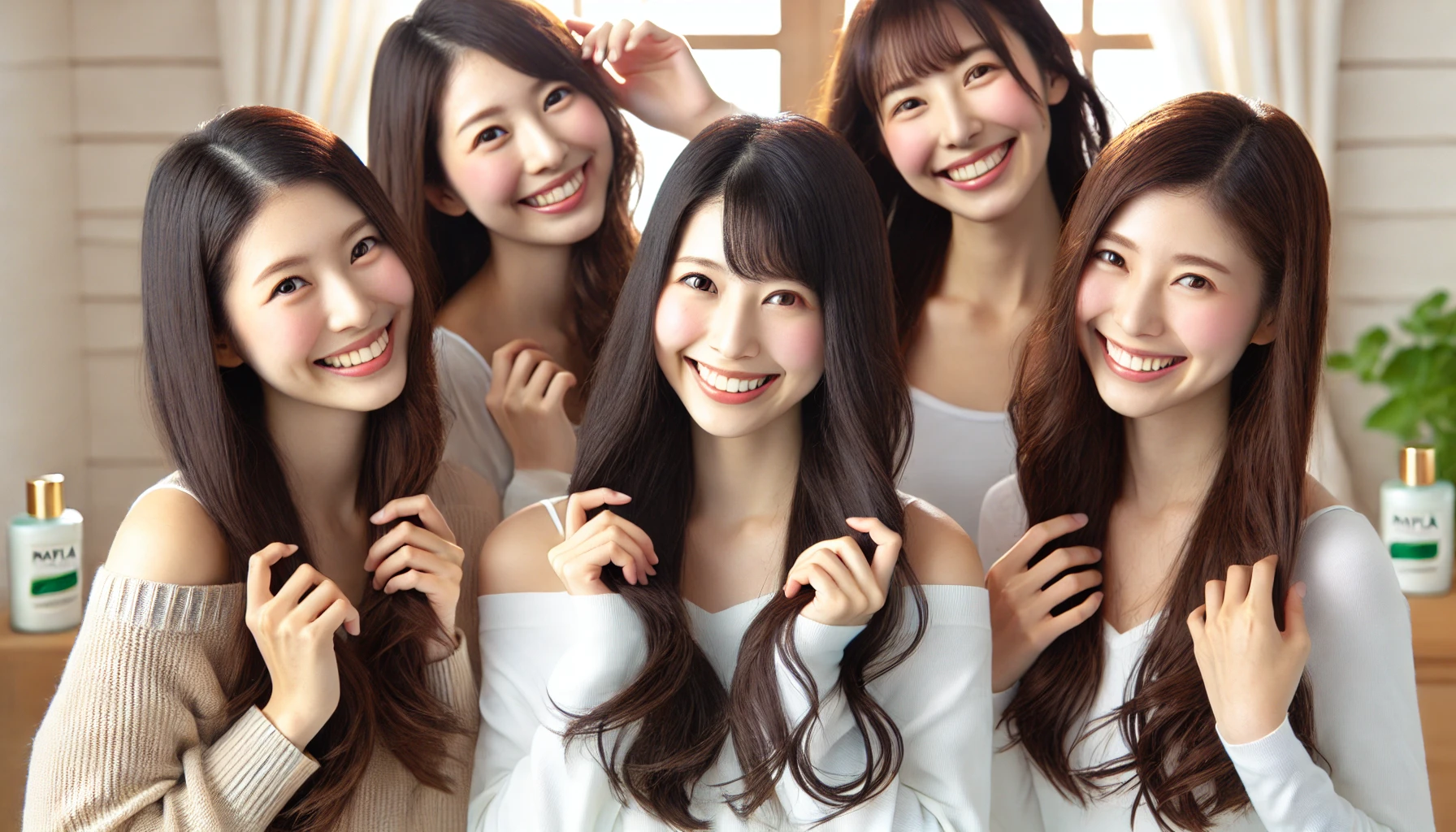 A group of happy Japanese women showing off their shiny, well-styled hair after using Napla N. Polish Oil, standing in a bright, cheerful room and looking joyful.