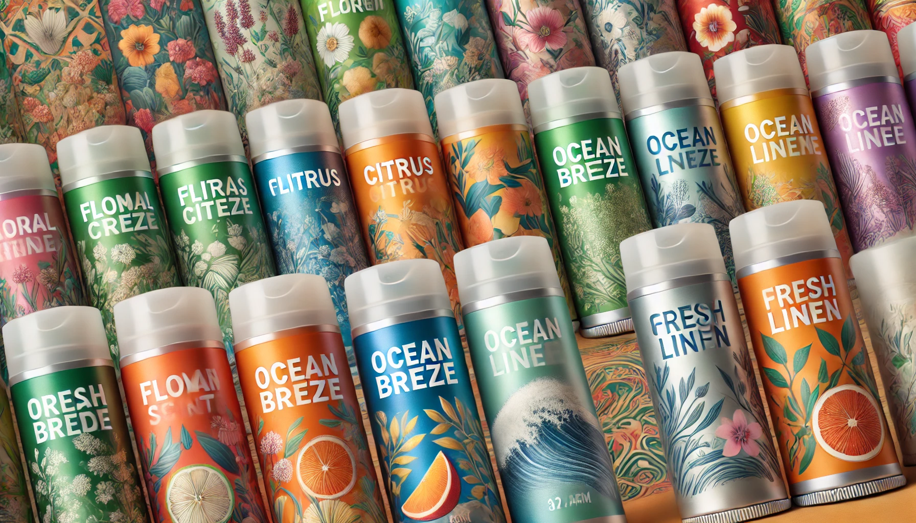 A collection of various deodorant can sprays in different scents. Each can has a unique design representing its scent, such as floral, citrus, ocean breeze, and fresh linen. The cans are arranged in a neat row, with a vibrant and colorful background featuring subtle imagery of flowers, citrus fruits, and ocean waves to reflect the different fragrances.