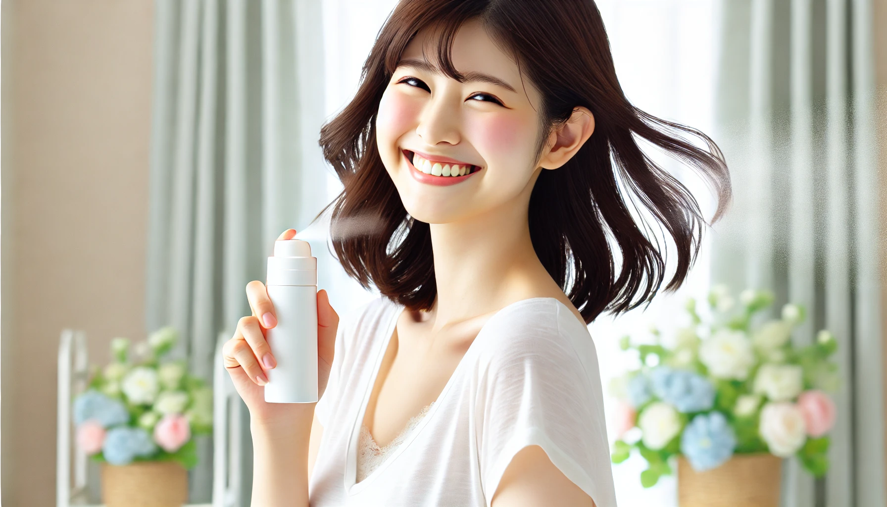 A joyful scene featuring a young Japanese person looking refreshed and happy after using a deodorant spray. The person is standing in a bright, airy environment, possibly outdoors, and is smiling with confidence, with a slight breeze blowing their hair. The background includes soft imagery of flowers and clean air, symbolizing the fresh scent and sweat suppression from the deodorant spray.