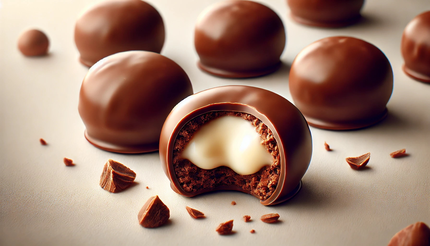 A close-up image of small, round chocolate crunches filled with rich milk cream, presented in a visually appealing manner on a light-colored surface. The chocolate crunches have a glossy, chocolatey coating with a small bite taken out of one to reveal the creamy interior.