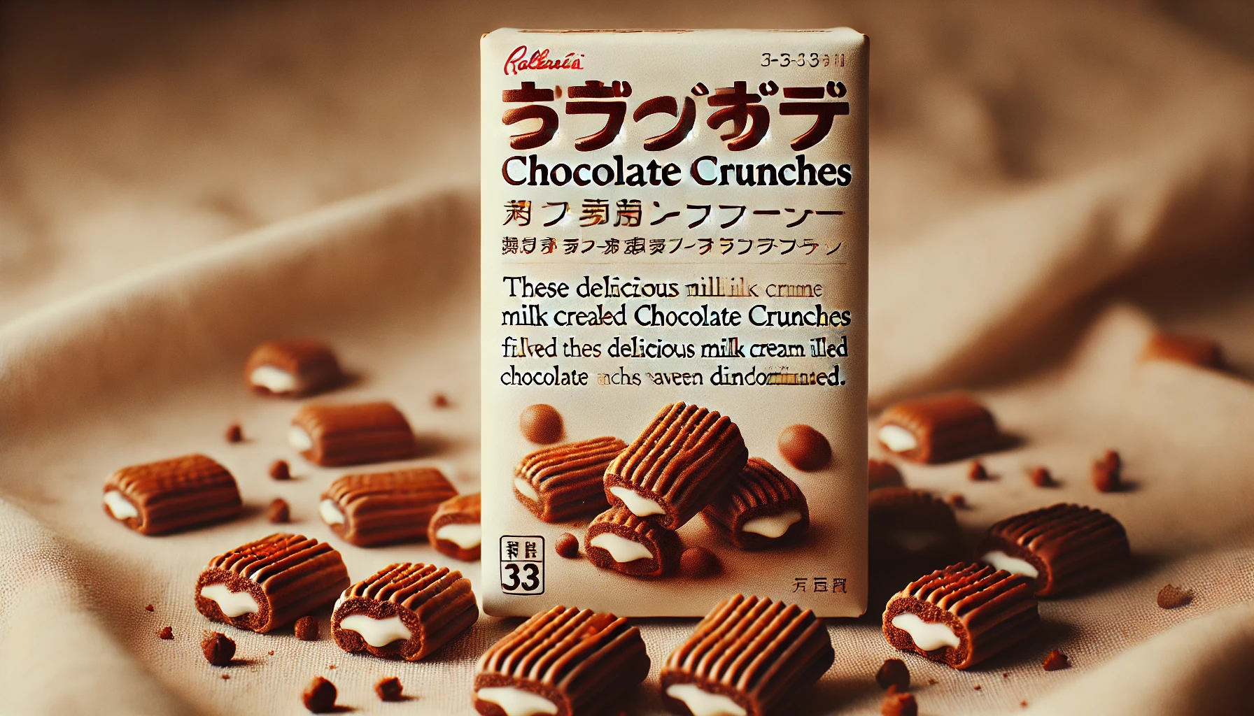 A sad announcement banner featuring small chocolate crunches with a text overlay in Japanese, stating that these delicious milk cream-filled chocolate crunches have been discontinued. The image evokes a feeling of loss, with muted colors and a somber atmosphere.