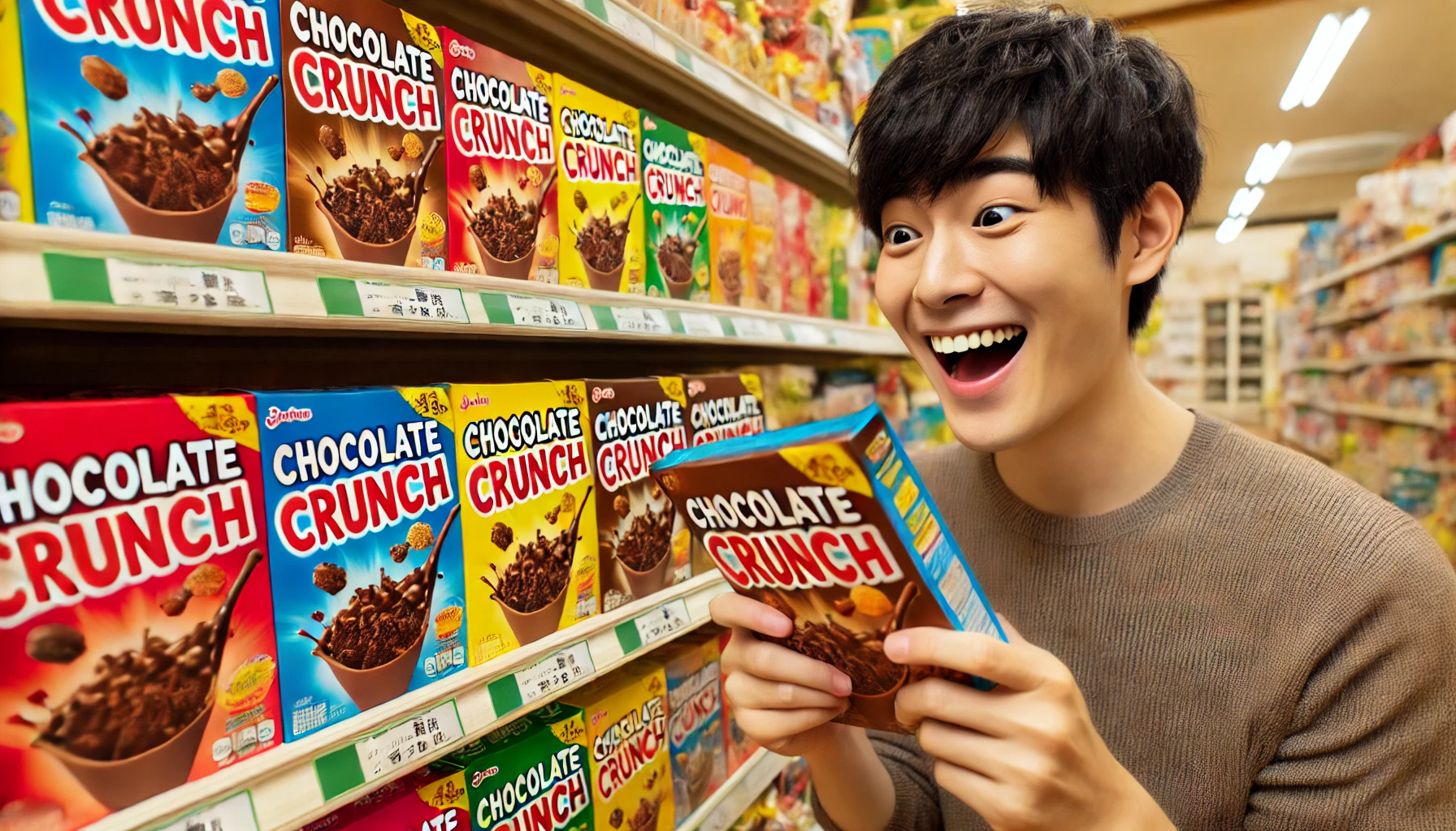 An image showing a person excitedly discovering a variety of similar chocolate crunch products on a store shelf. The person is Japanese and looking happy as they inspect the products, with bright and cheerful colors in the store. The shelf is filled with various colorful packages of chocolate crunch alternatives.