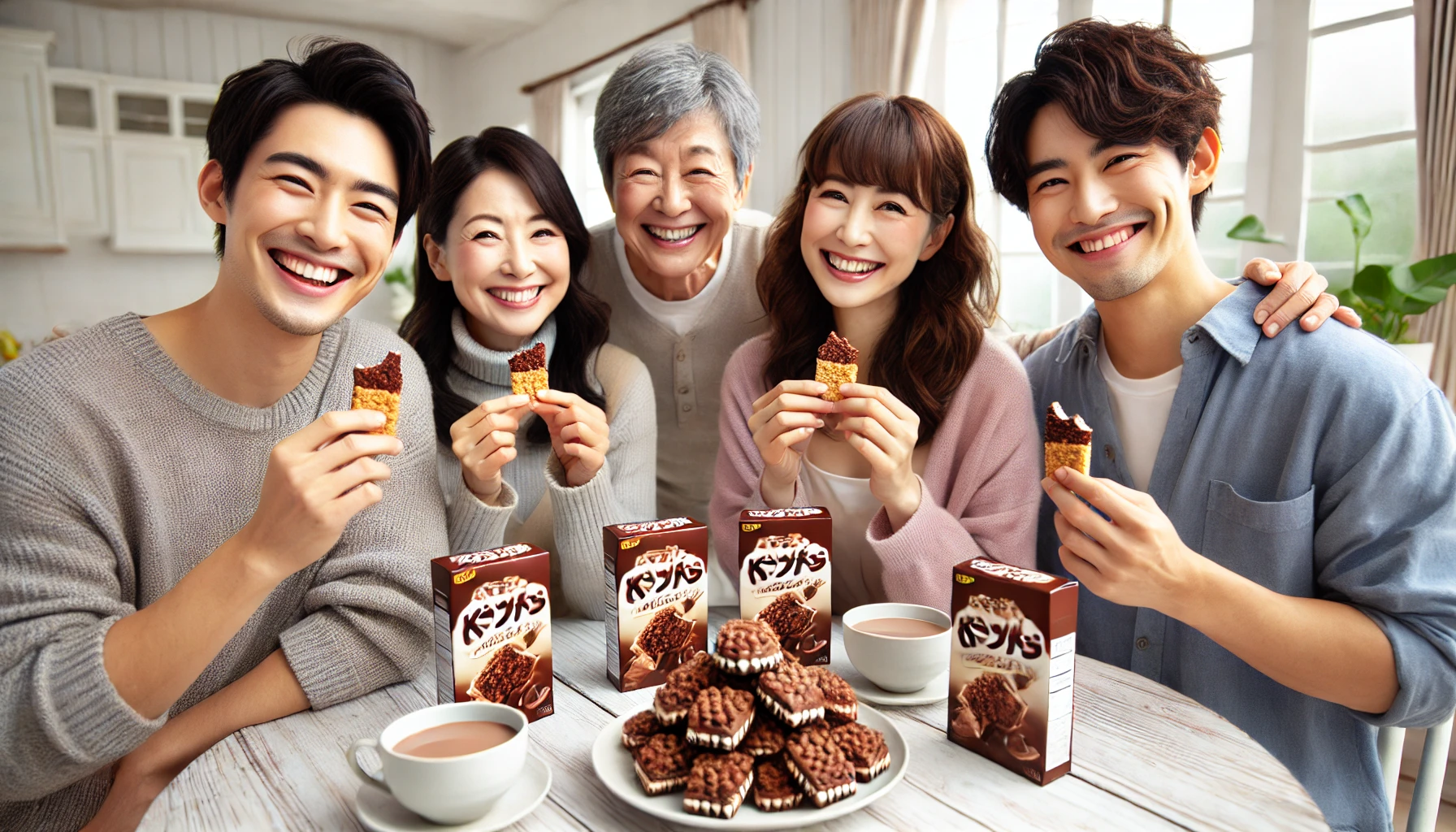 An image of a happy Japanese family or group of friends enjoying chocolate crunches filled with milk cream. They are gathered around a table, smiling and eating the chocolate snacks, with a cozy and joyful atmosphere in a bright, welcoming room.