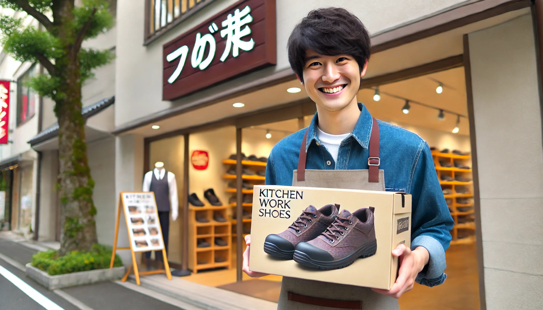 A Japanese person standing outside a retail store holding a box of kitchen work shoes, smiling with excitement. The store in the background is labeled with a sign indicating 'コックシューズ' in Japanese. The exterior of the store is clean and modern, with a welcoming atmosphere. The person is happy to have found the right pair of shoes.