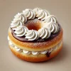 A fluffy ring-shaped doughnut with a soft whipped cream filling and a chewy texture, resembling the one in the first image. The doughnut should have some powdered sugar on top and partially dipped in chocolate. No people in the image. Very detailed and clear, with a close-up focus on the doughnut.