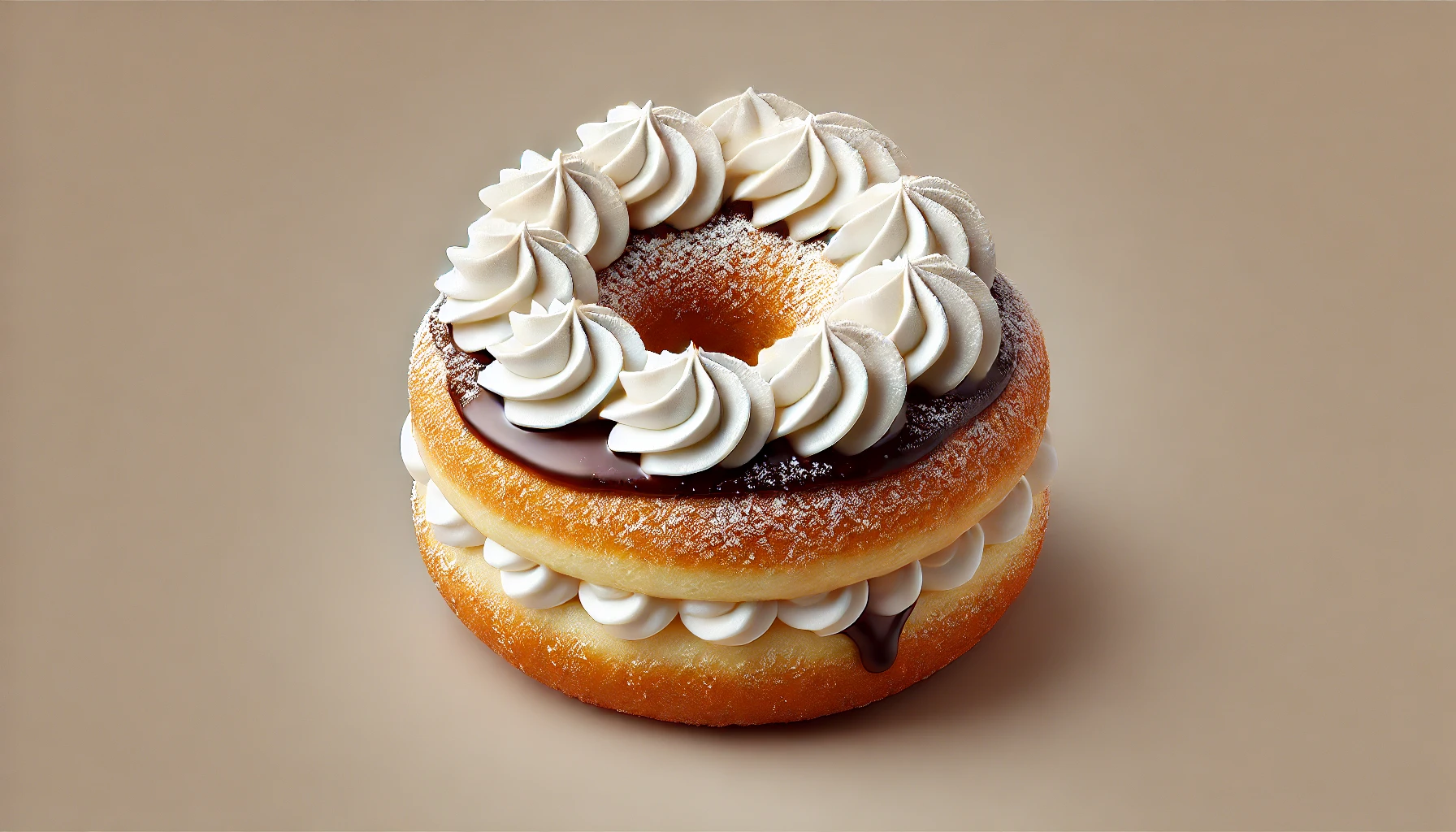 A fluffy ring-shaped doughnut with a soft whipped cream filling and a chewy texture, resembling the one in the first image. The doughnut should have some powdered sugar on top and partially dipped in chocolate. No people in the image. Very detailed and clear, with a close-up focus on the doughnut.