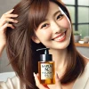 A Japanese woman styling her hair with Napla N. Polish Oil, showing a sleek, shiny, and well-styled finish. She looks happy and satisfied with the result, standing in a modern bathroom.