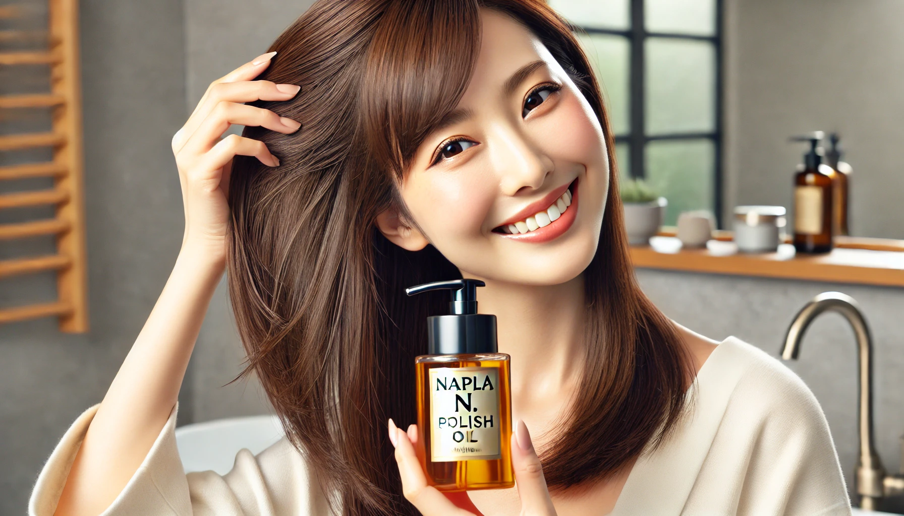 A Japanese woman styling her hair with Napla N. Polish Oil, showing a sleek, shiny, and well-styled finish. She looks happy and satisfied with the result, standing in a modern bathroom.