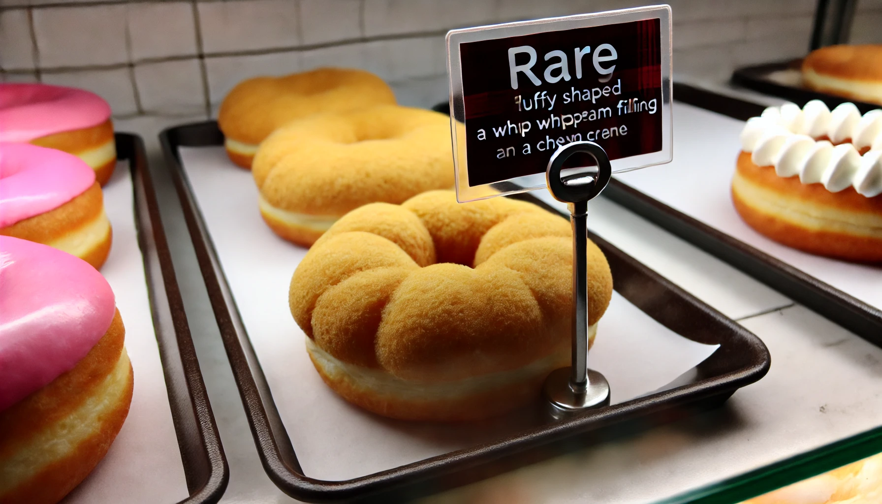 A fluffy ring-shaped doughnut with a soft whipped cream filling and a chewy texture, resembling the one in the previous image. This doughnut is rare and special, placed in a display case with a sign indicating its rarity. The image should showcase the doughnut's uniqueness and its place as a rare find in a bakery setting.