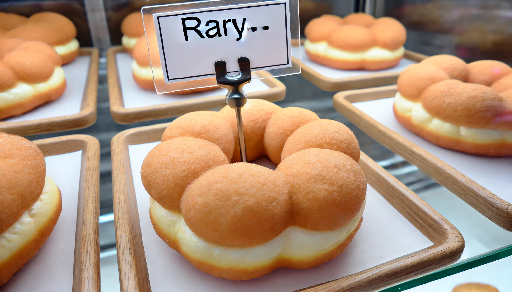 A fluffy ring-shaped doughnut with a soft whipped cream filling and a chewy texture, resembling the one in the previous image. This doughnut is rare and special, placed in a display case with a sign indicating its rarity. The image should showcase the doughnut's uniqueness and its place as a rare find in a bakery setting.