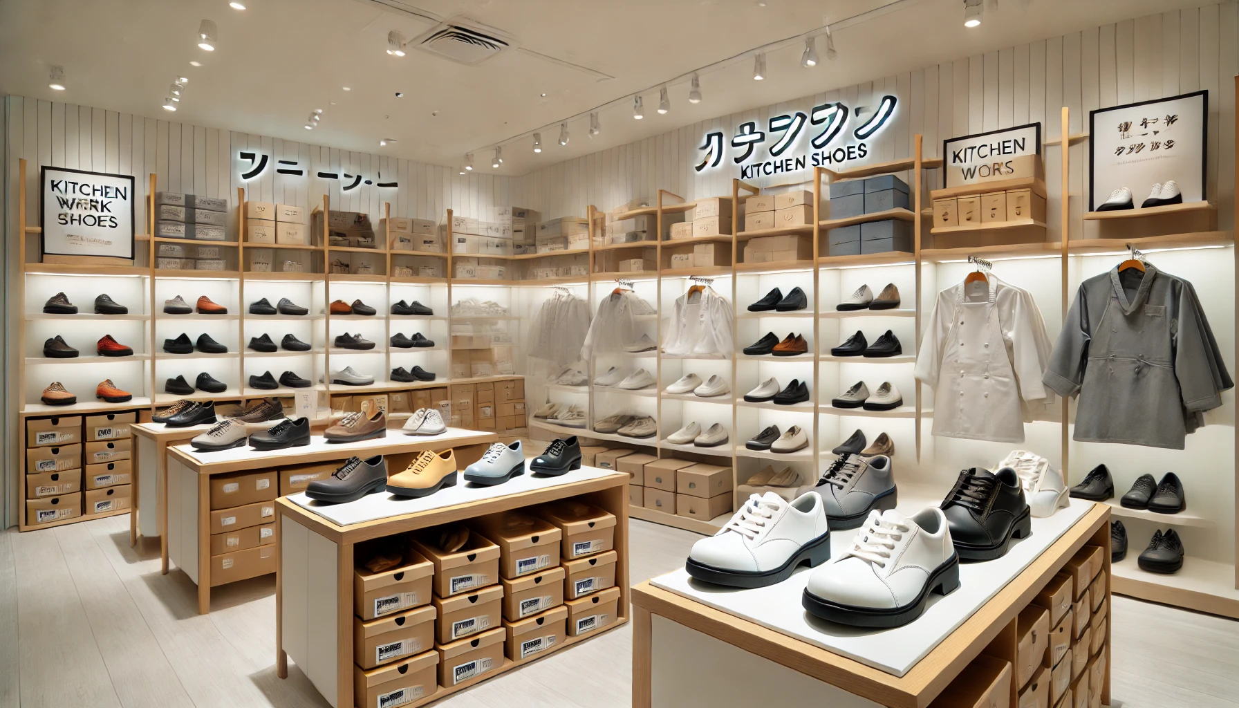 A clean and modern store interior with various types of shoes on display, specifically focused on kitchen work shoes, known as 'コックシューズ'. The store is well-organized with bright lighting, shelves neatly arranged, and a clear focus on the shoes for kitchen and restaurant workers. The atmosphere is welcoming, with clear signage in Japanese indicating different shoe types.