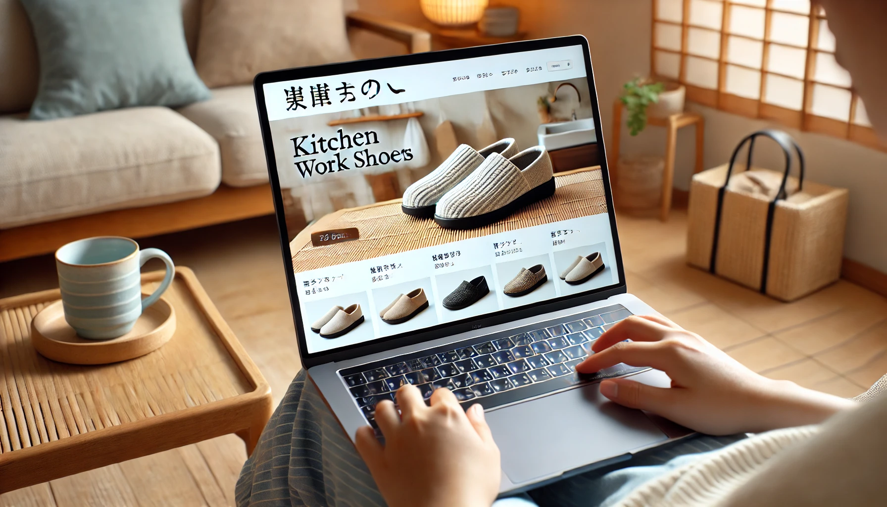 A bright and modern e-commerce website layout displayed on a laptop screen, focused on selling kitchen work shoes, known as 'コックシューズ'. The website has clear images of the shoes, easy-to-navigate categories, and Japanese text on the page. The setting is in a cozy Japanese living room with a person browsing the website.