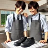 A Japanese person standing in their kitchen, happily wearing new kitchen work shoes, known as 'コックシューズ'. They are smiling and looking at the shoes with satisfaction. The kitchen is modern and clean, with stainless steel appliances, giving a professional vibe.