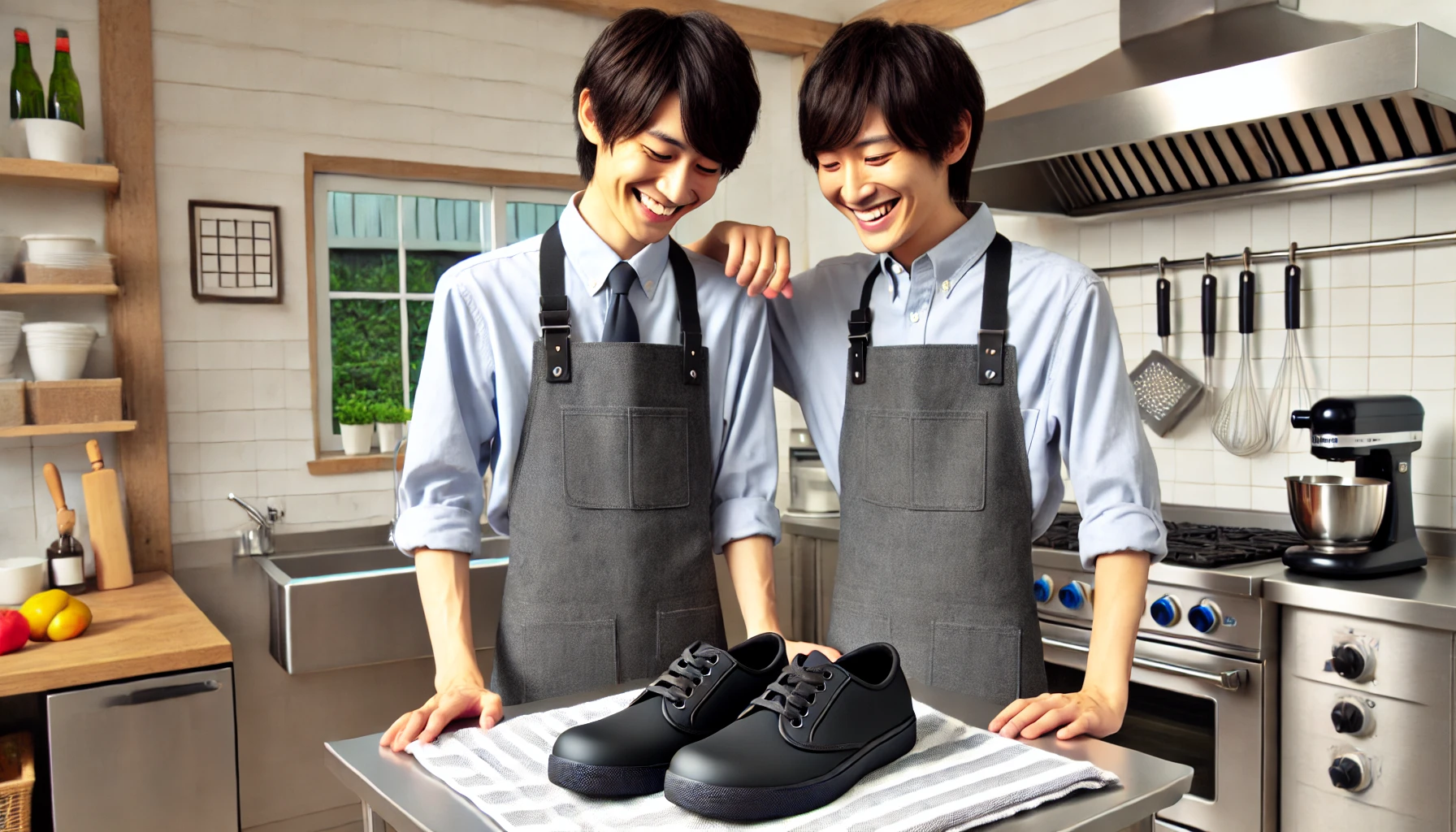 A Japanese person standing in their kitchen, happily wearing new kitchen work shoes, known as 'コックシューズ'. They are smiling and looking at the shoes with satisfaction. The kitchen is modern and clean, with stainless steel appliances, giving a professional vibe.