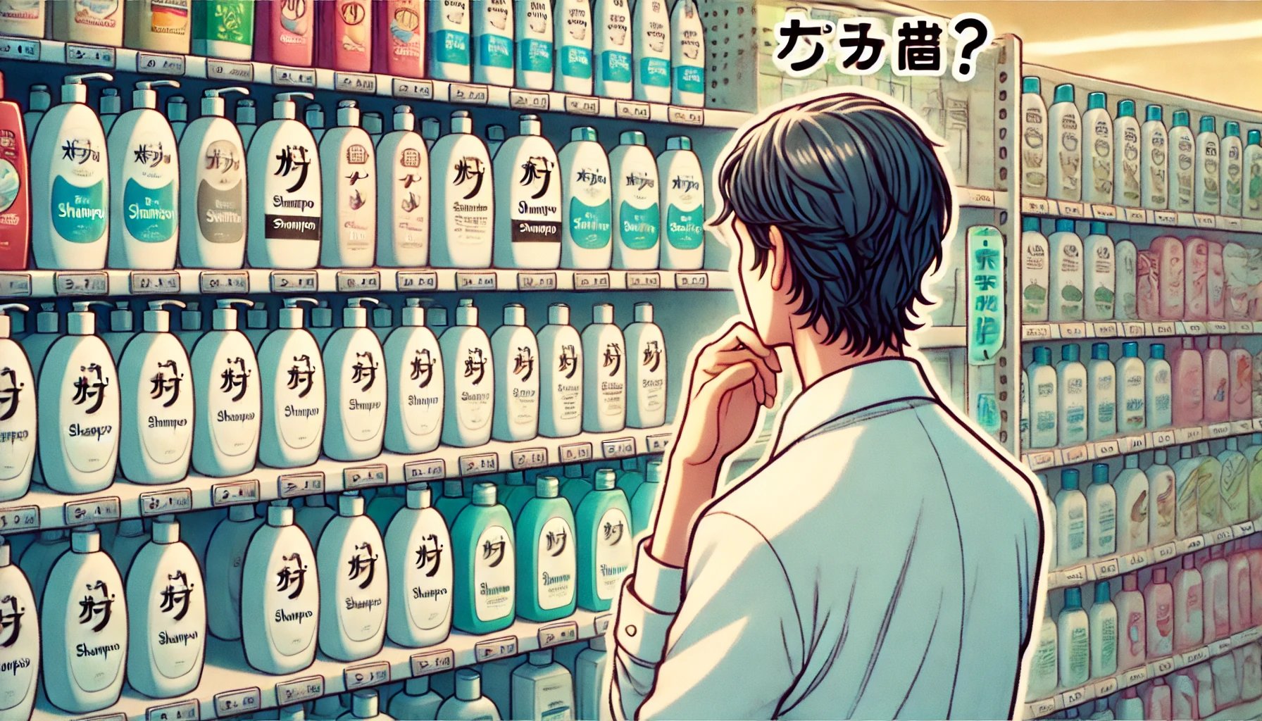 An image depicting a scene where a customer is looking at shelves of various shampoos in a store, with one prominently labeled as '敏感肌・乾燥肌向けシャンプー'. The customer appears confused or unsure, possibly reflecting the uncertainty surrounding whether the shampoo has been discontinued. The shelves are filled with multiple products, but the focus is on this particular shampoo. The background of the store should be slightly blurred to keep the focus on the product and customer. The image should be horizontal, with a 16:9 aspect ratio.