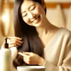 A Japanese woman with smooth and glowing hair using a gentle, sensitive skin shampoo while smiling, in a bathroom setting. The product is presented as beneficial for scalp issues, providing relief from irritation. The scene is warm, bright, and inviting, with soft colors. The focus is on the hair and the product, without showing specific brands.