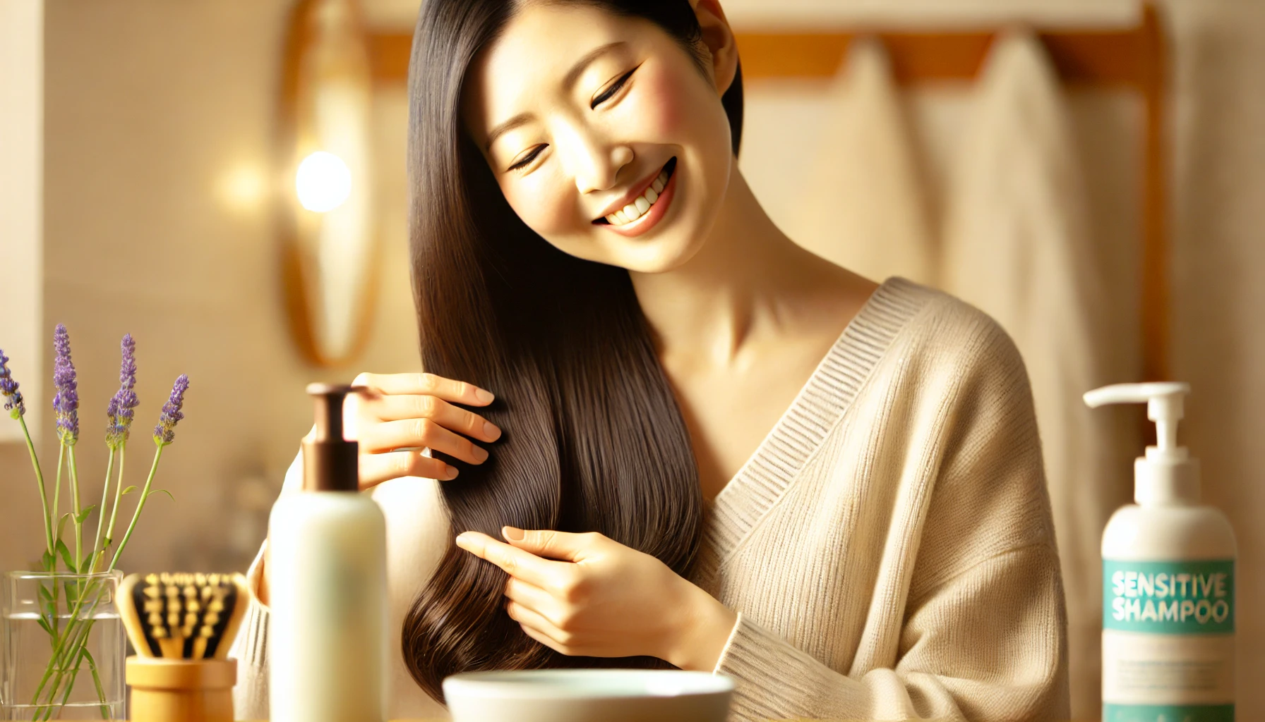 A Japanese woman with smooth and glowing hair using a gentle, sensitive skin shampoo while smiling, in a bathroom setting. The product is presented as beneficial for scalp issues, providing relief from irritation. The scene is warm, bright, and inviting, with soft colors. The focus is on the hair and the product, without showing specific brands.