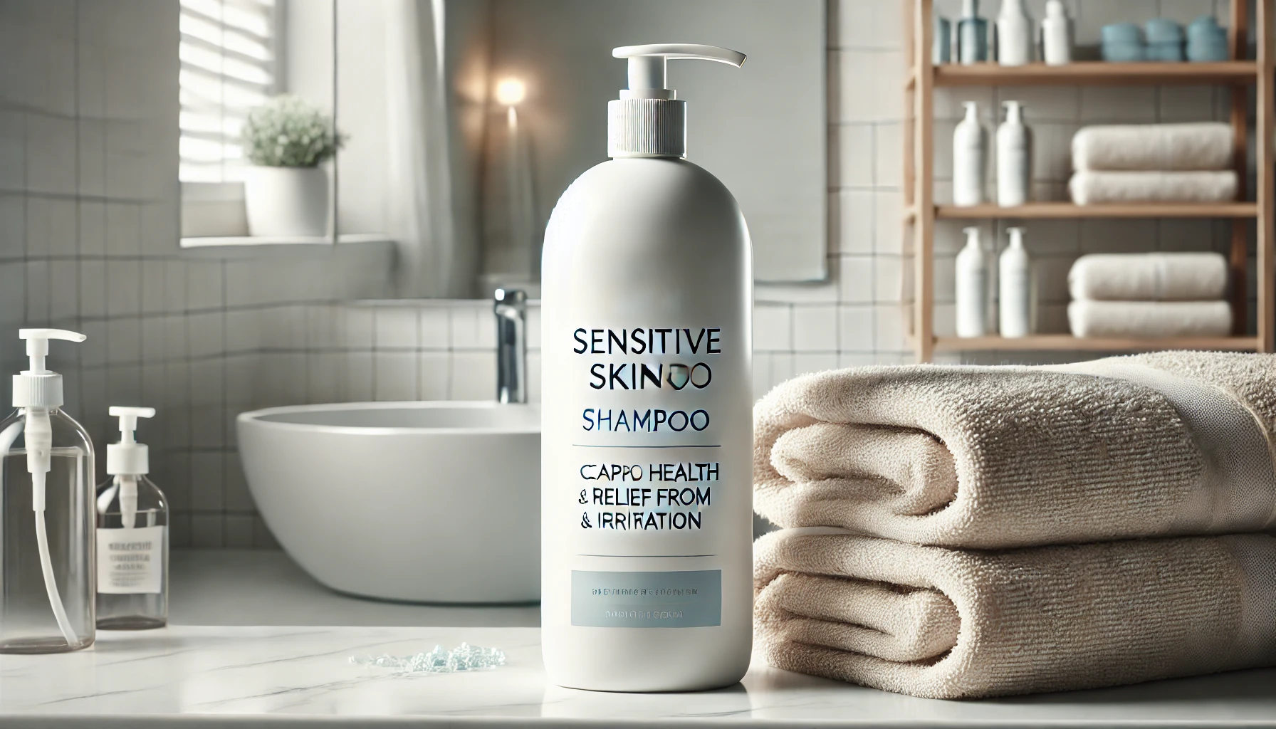 A close-up image showing a sensitive skin shampoo bottle with a smooth and modern design, placed on a bathroom counter next to soft towels. The shampoo is labeled for scalp health and relief from irritation, with emphasis on being gentle and effective. The environment is clean, bright, and inviting, with soft lighting. The focus is on the product and its soothing appearance.