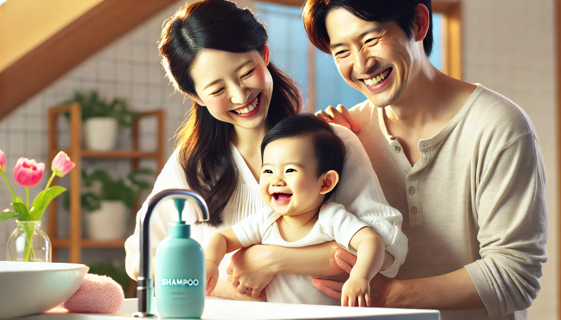 A happy Japanese family in a bathroom, including a mother, father, and a baby, using a gentle shampoo together. They are smiling and enjoying the moment, with the baby laughing. The bathroom is bright, with soft colors and a peaceful, warm atmosphere. The shampoo product is shown as a safe and soothing choice for all ages.