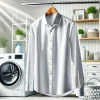 A high-quality image of a neatly ironed white dress shirt hanging on a hanger, showcasing the wrinkle prevention effect of a new fabric softener. The shirt appears crisp and smooth, as if freshly laundered. The background is a bright, clean laundry room with modern decor and a washing machine. The image emphasizes the softener's ability to keep clothes looking fresh and wrinkle-free.