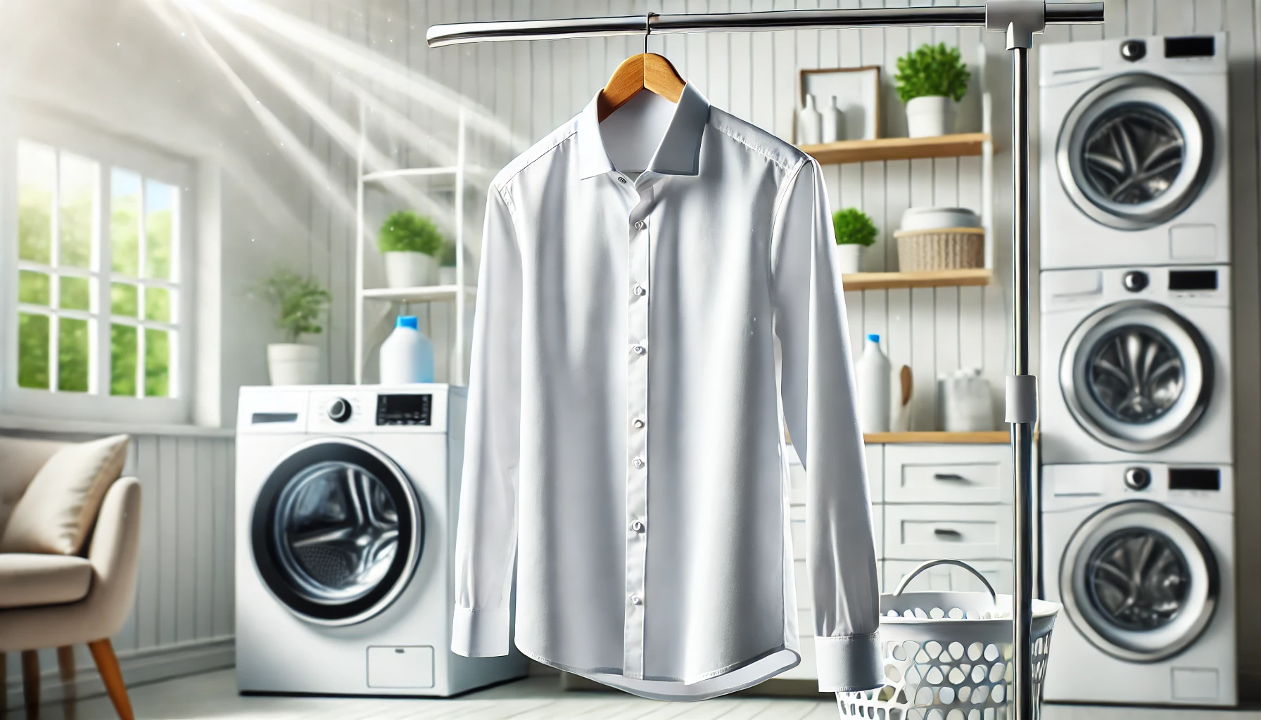 A high-quality image of a neatly ironed white dress shirt hanging on a hanger, showcasing the wrinkle prevention effect of a new fabric softener. The shirt appears crisp and smooth, as if freshly laundered. The background is a bright, clean laundry room with modern decor and a washing machine. The image emphasizes the softener's ability to keep clothes looking fresh and wrinkle-free.