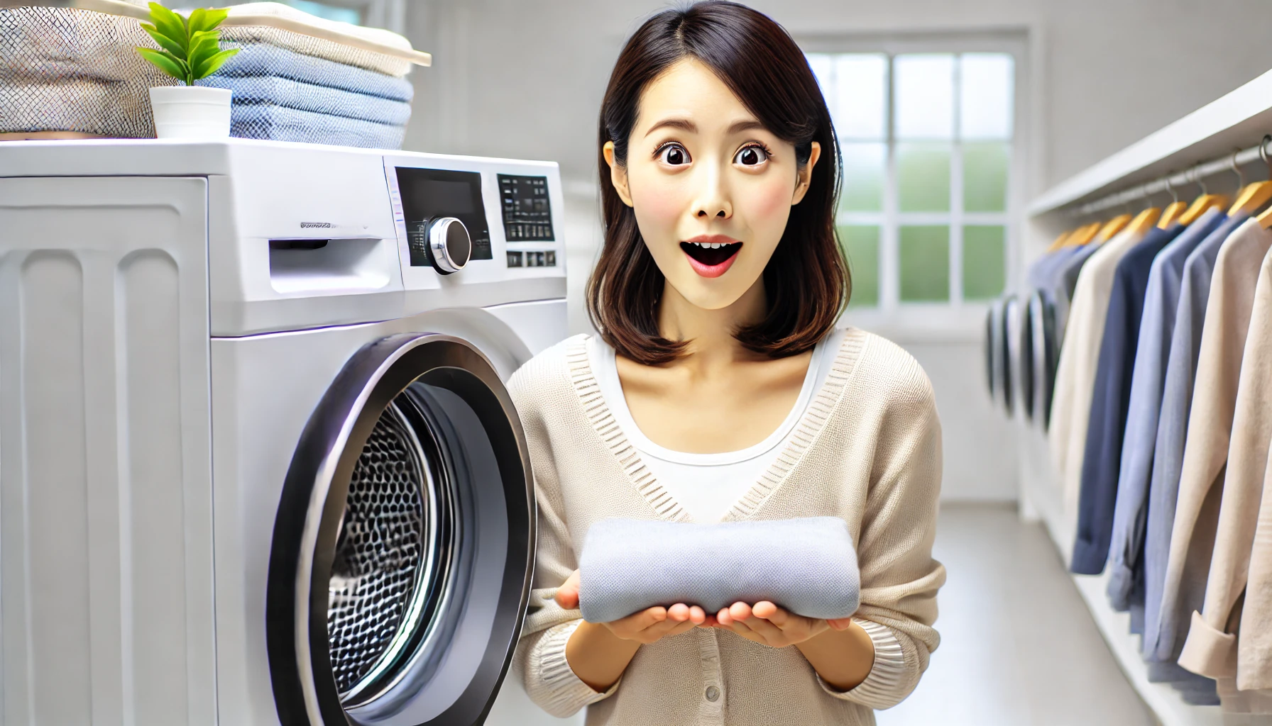 A high-quality image of a Japanese person standing in a modern laundry room, looking surprised by the remarkable wrinkle prevention and odor control effect of a new fabric softener. The room is clean and bright, with a modern washing machine and neatly folded laundry. The person's expression shows pleasant surprise and satisfaction.