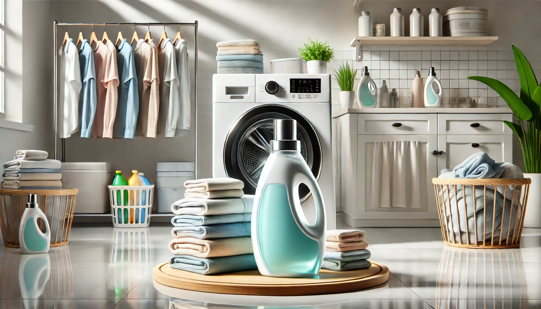 A high-quality image of a modern laundry room, showcasing the effectiveness of a new fabric softener. The room is clean and bright, with neatly folded laundry, and a bottle of fabric softener standing prominently. The image emphasizes the product's features, such as wrinkle prevention, odor control, and long-lasting fragrance. The background includes a modern washing machine, and the overall atmosphere conveys freshness and cleanliness.